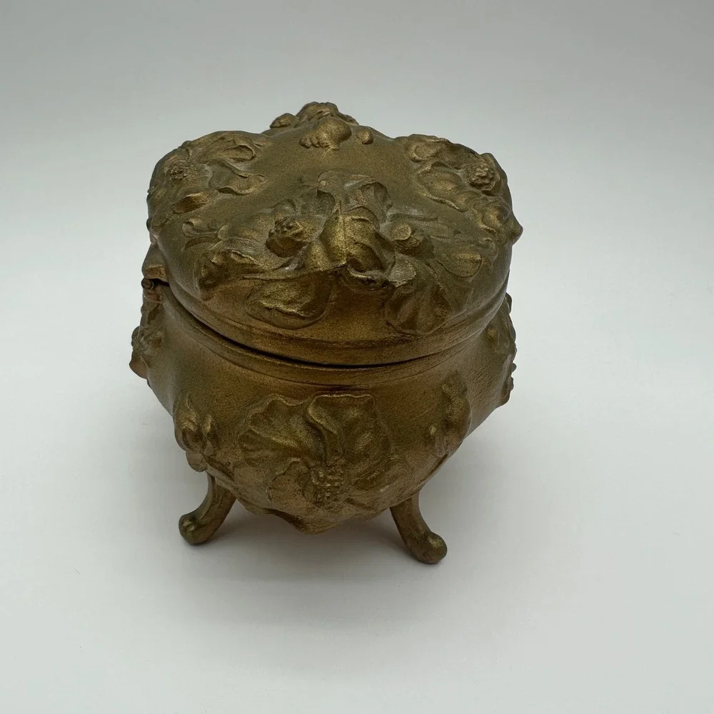 ANTQ Art Nouveau Jewelry Casket Footed Spelter Pot Metal Box Rose Relief Lined